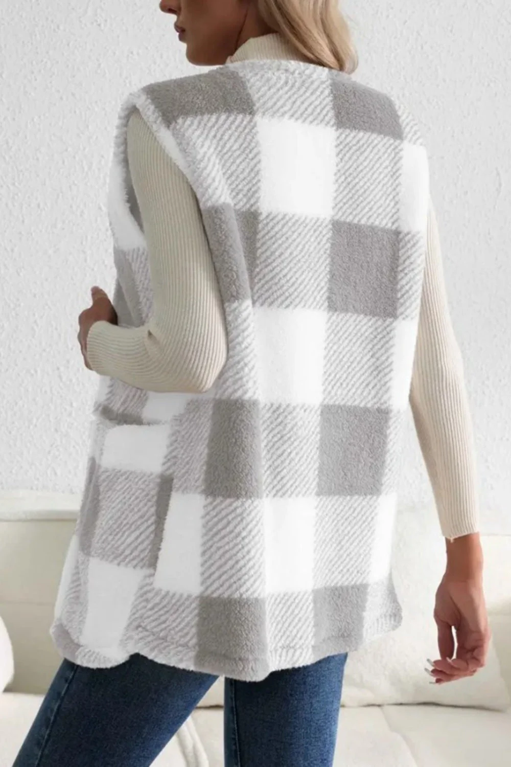 Sherpa Plaid Open Front Vest Coat - Image 11