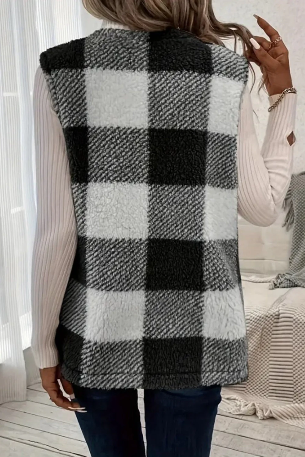 Sherpa Plaid Open Front Vest Coat - Image 2