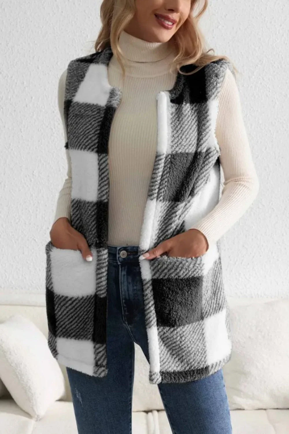 Sherpa Plaid Open Front Vest Coat - Image 3