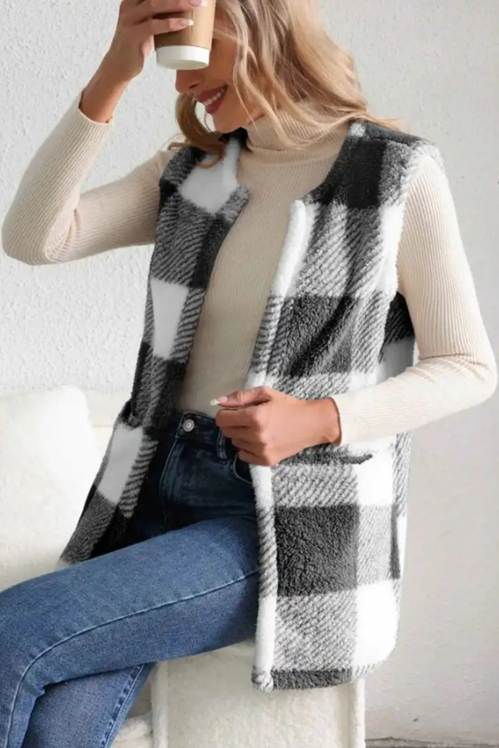 Sherpa Plaid Open Front Vest Coat - Image 4