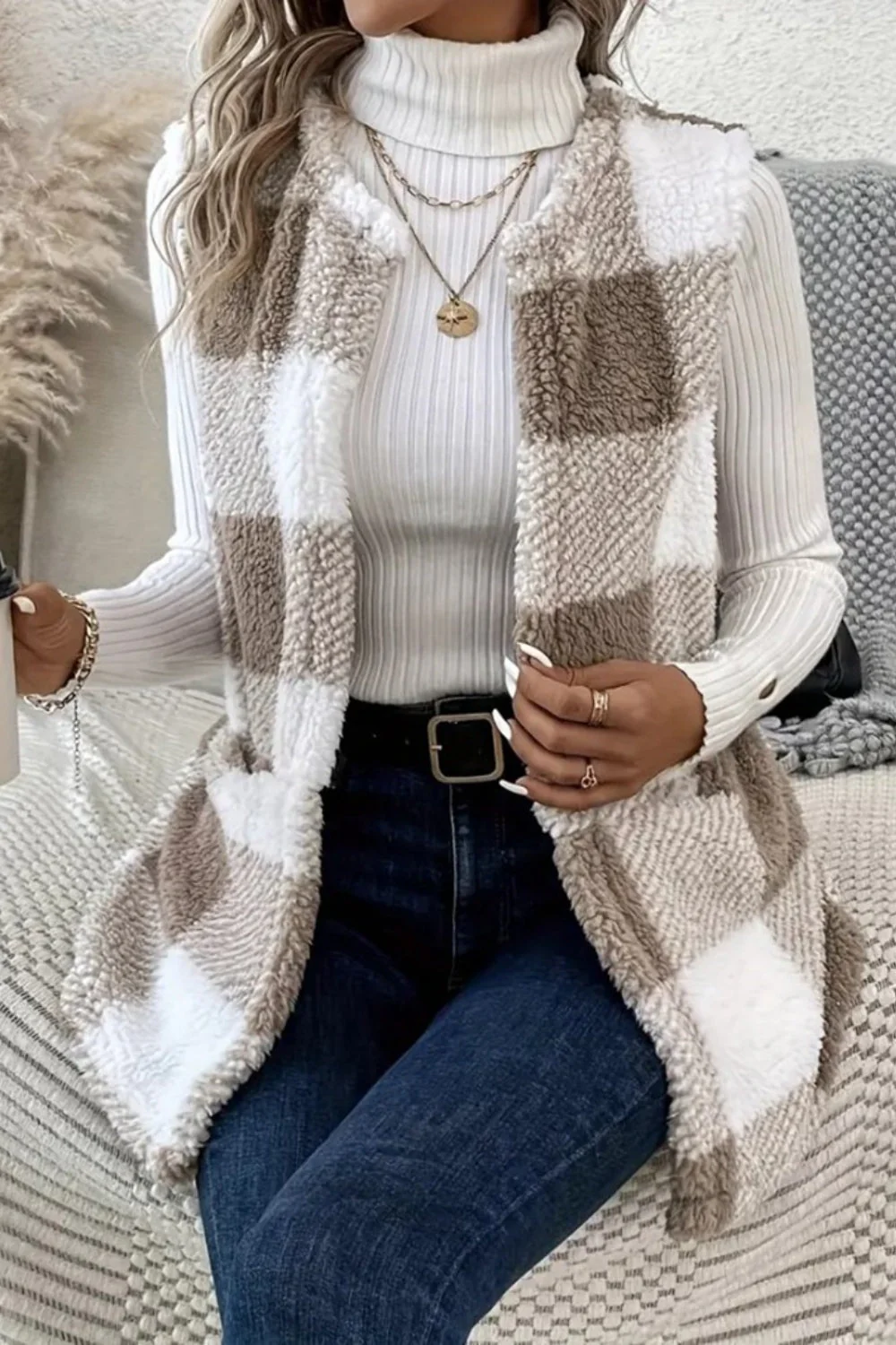 Sherpa Plaid Open Front Vest Coat - Image 5