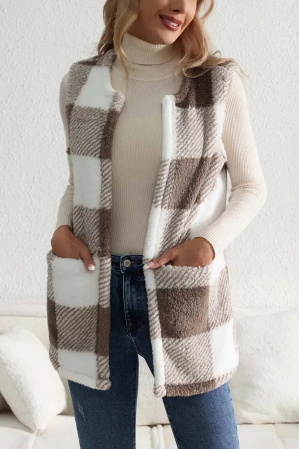 Sherpa Plaid Open Front Vest Coat - Image 6