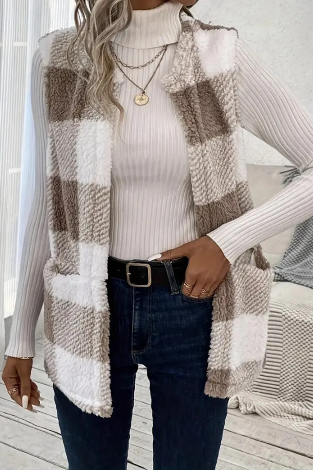 Sherpa Plaid Open Front Vest Coat - Image 7
