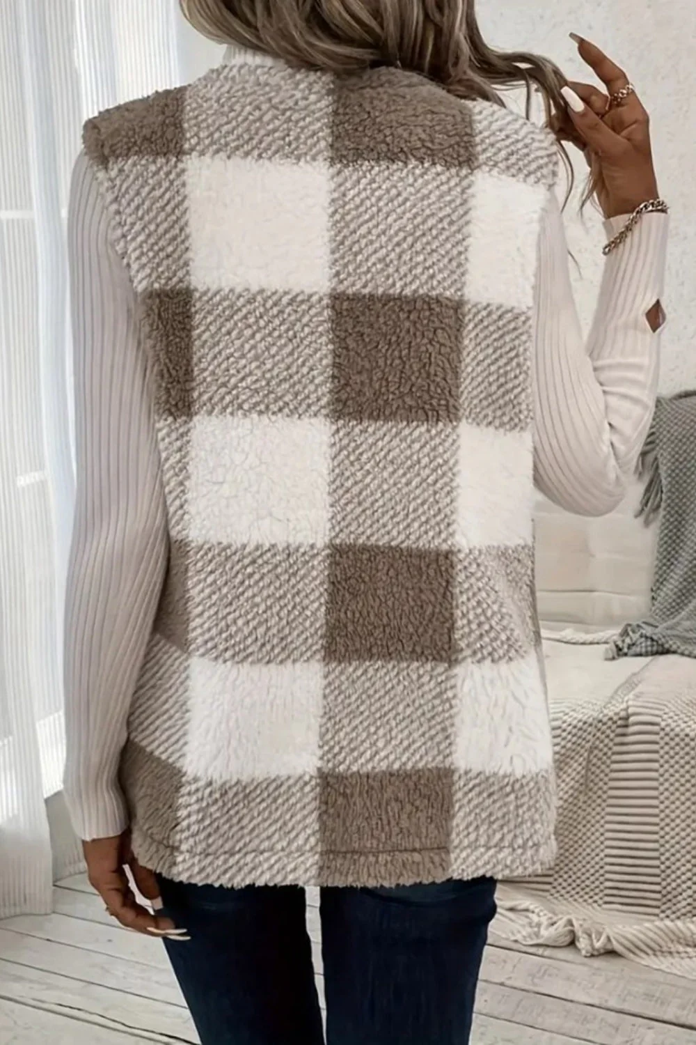 Sherpa Plaid Open Front Vest Coat - Image 8