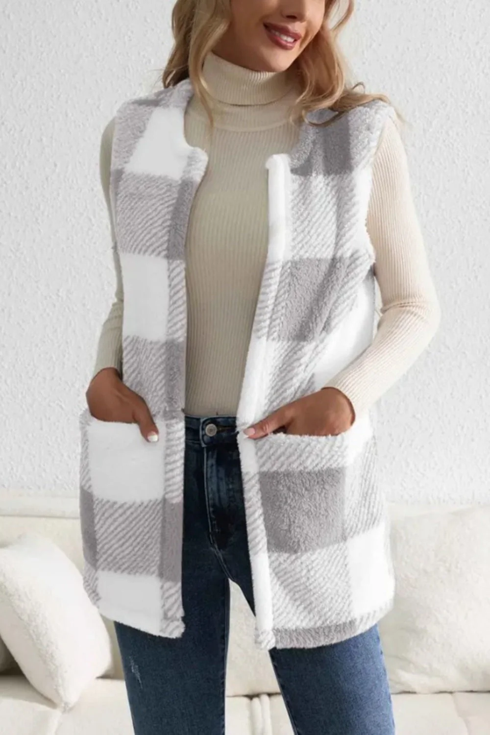 Sherpa Plaid Open Front Vest Coat - Image 9