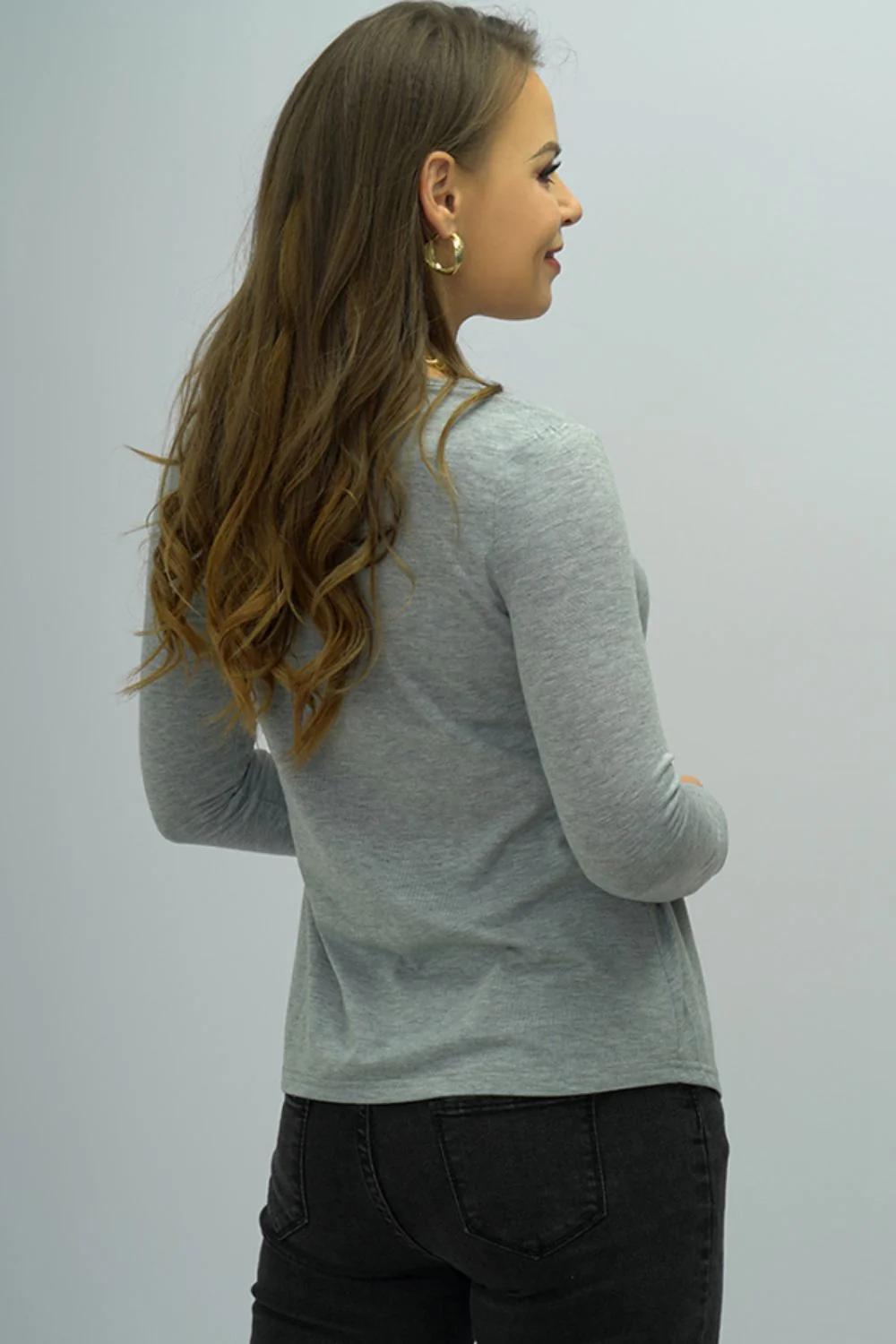 Shiny Buttoned Long Sleeve Round Neck Tee - Image 2