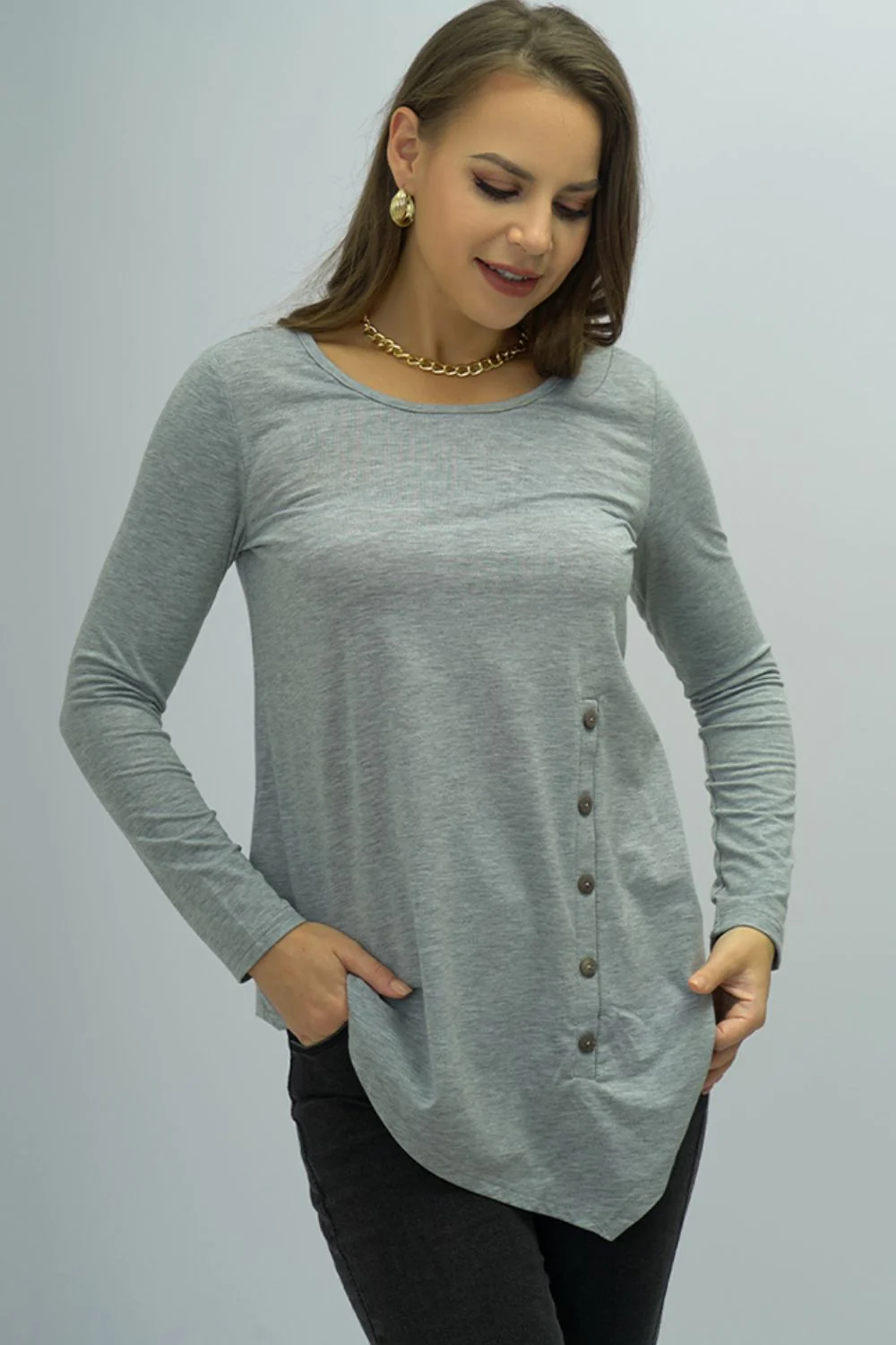 Shiny Buttoned Long Sleeve Round Neck Tee - Image 4