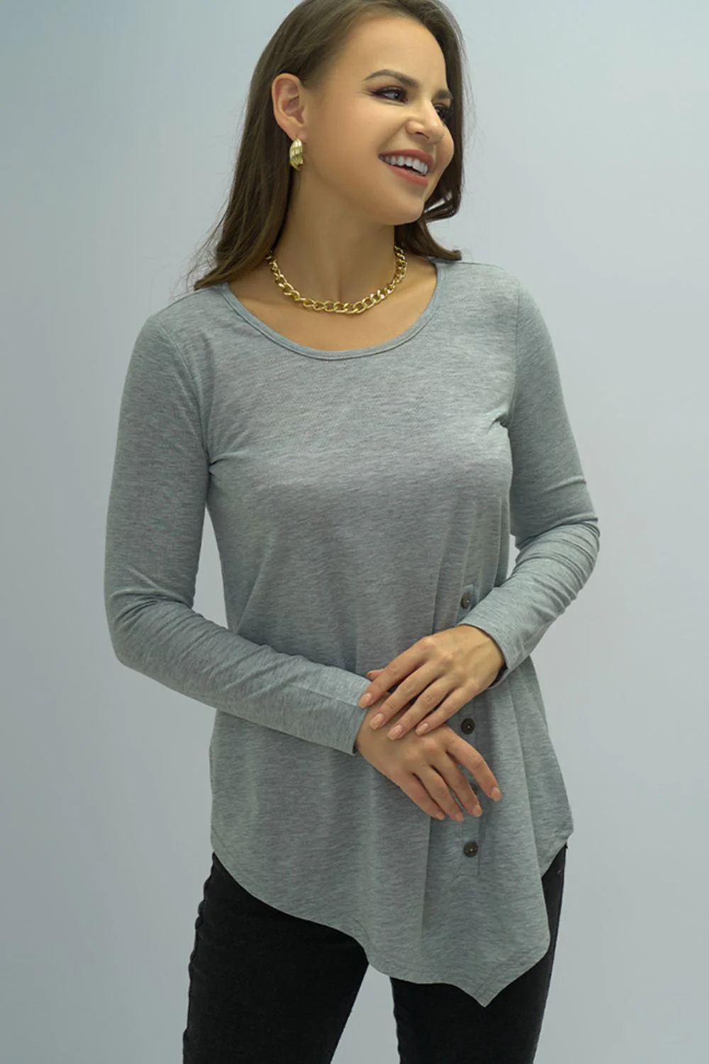 Shiny Buttoned Long Sleeve Round Neck Tee - Image 5