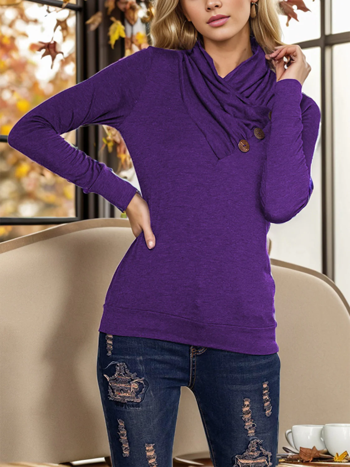 Shiny Buttoned Mock Neck Long Sleeve Blouse - Image 5