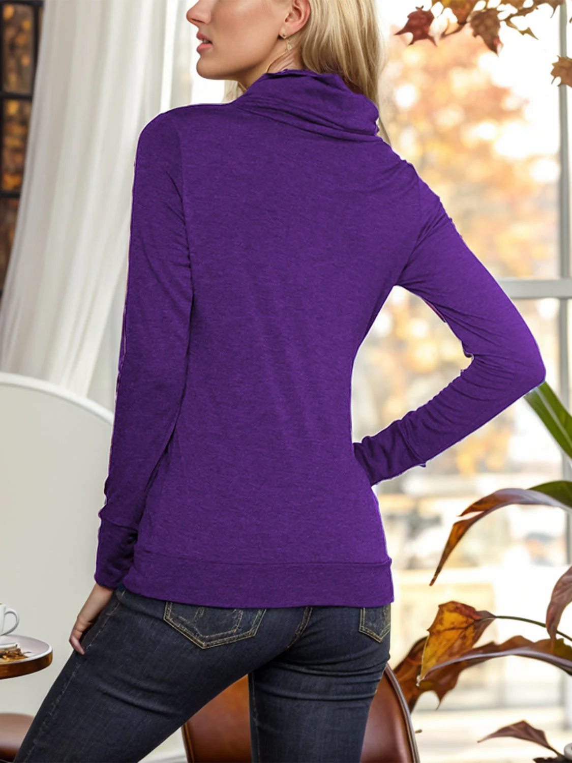 Shiny Buttoned Mock Neck Long Sleeve Blouse - Image 6