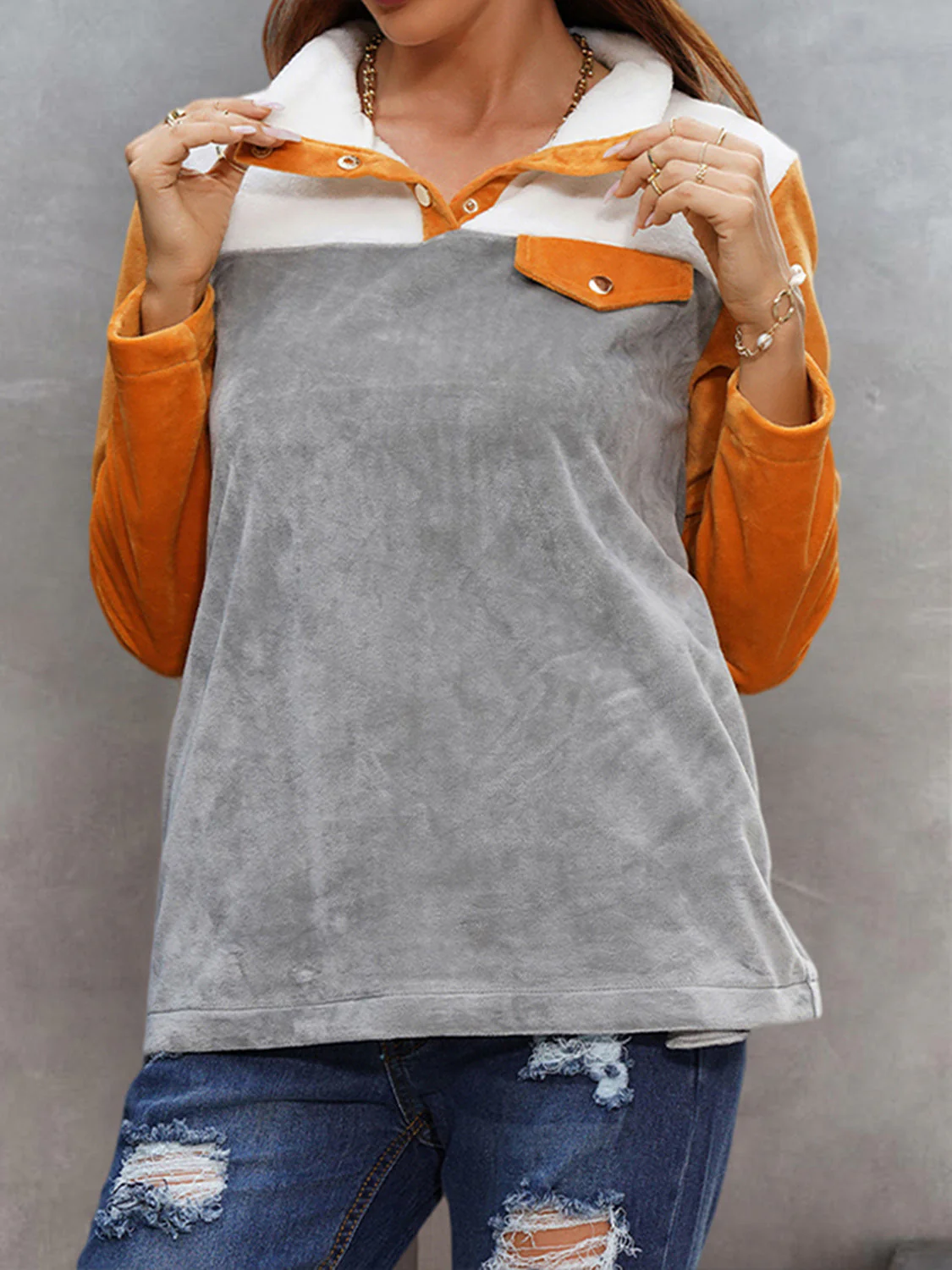 Shiny Color Block Collared Sweatshirt with Pockets - Image 2