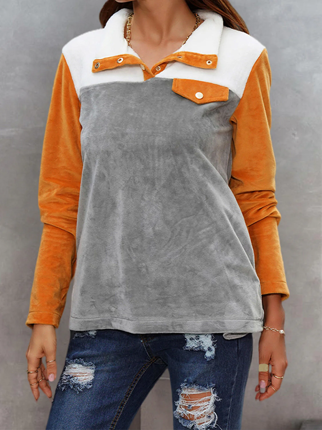 Shiny Color Block Collared Sweatshirt with Pockets - Image 3