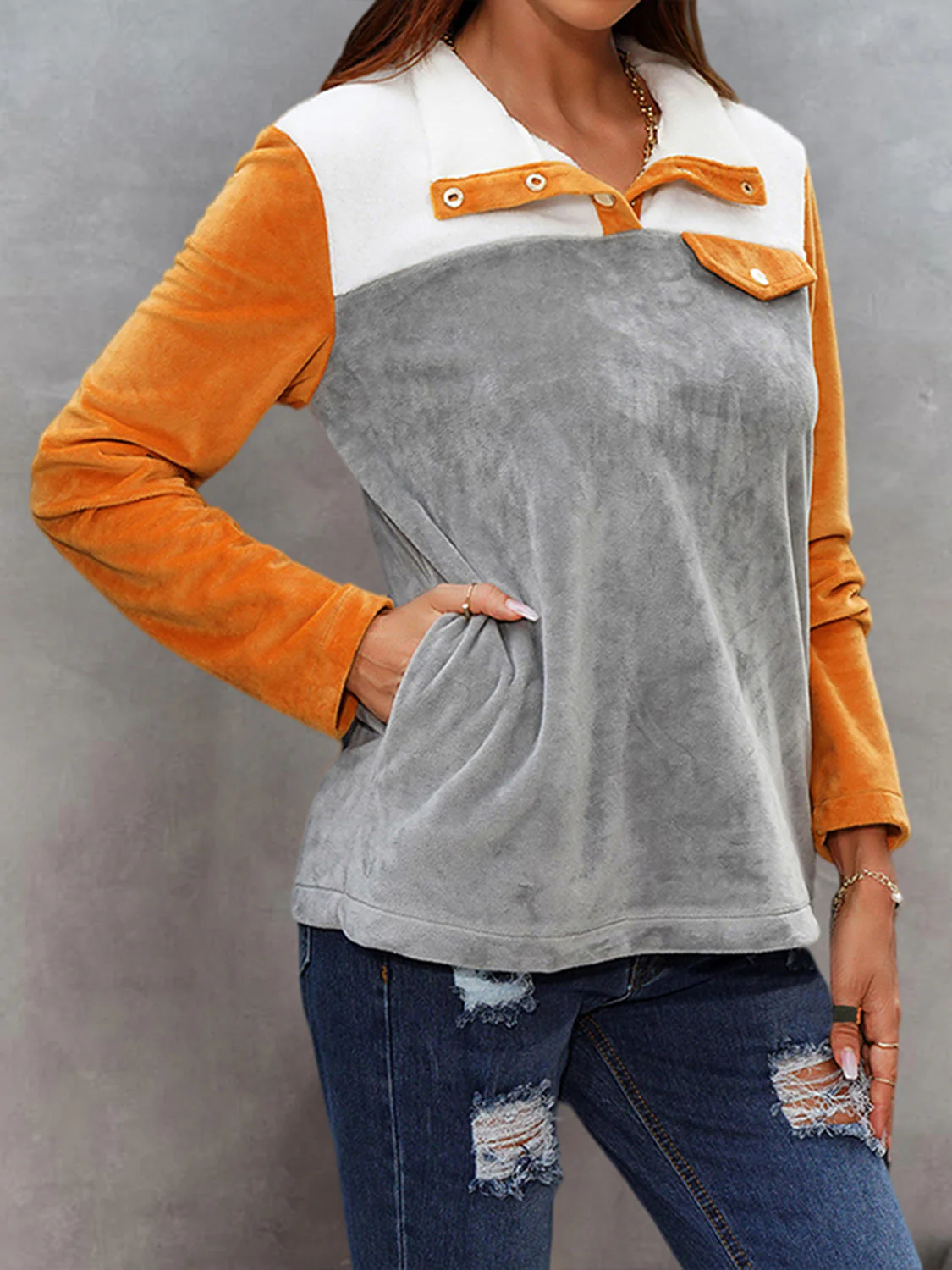 Shiny Color Block Collared Sweatshirt with Pockets - Image 4