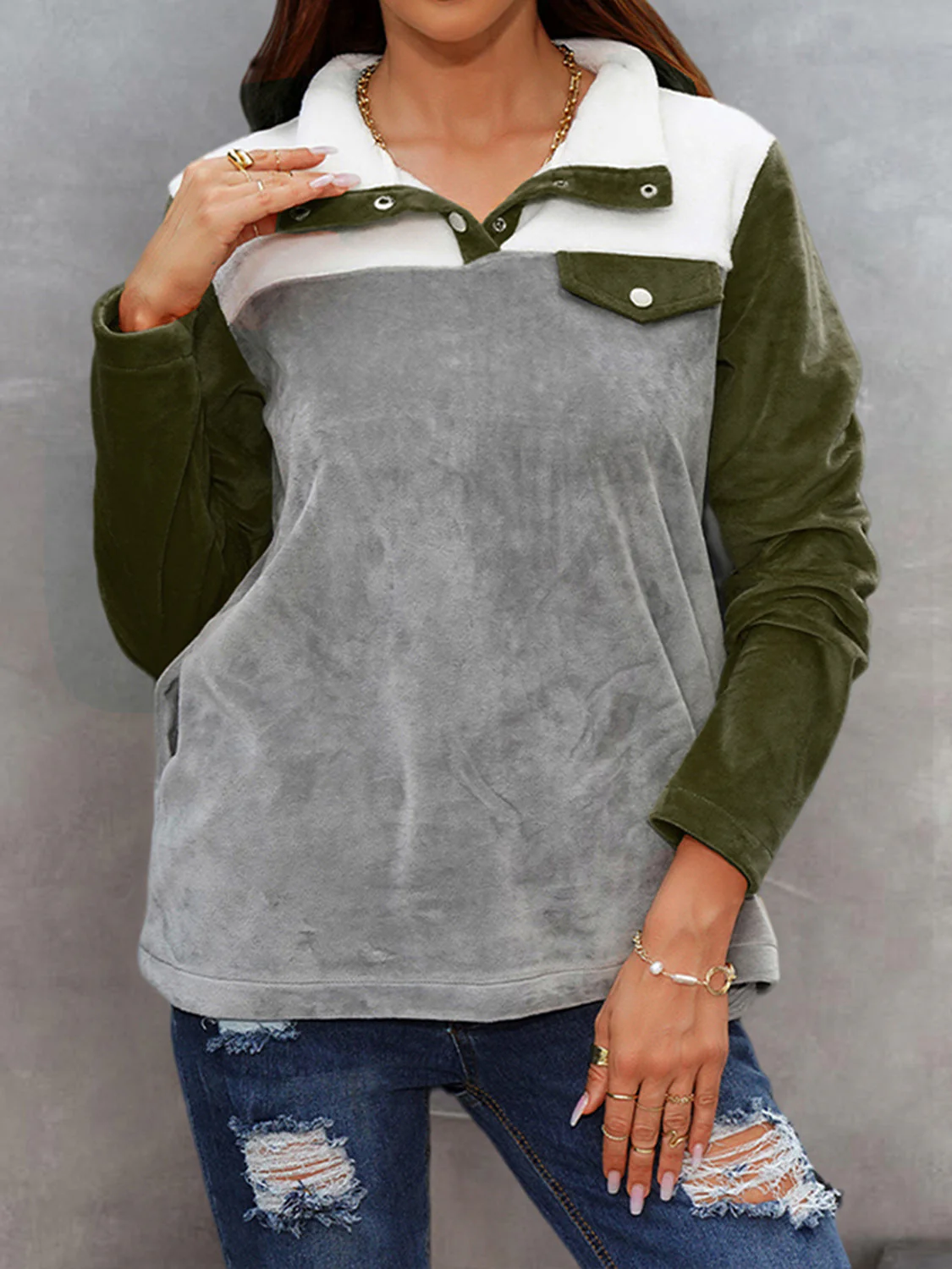Shiny Color Block Collared Sweatshirt with Pockets - Image 5