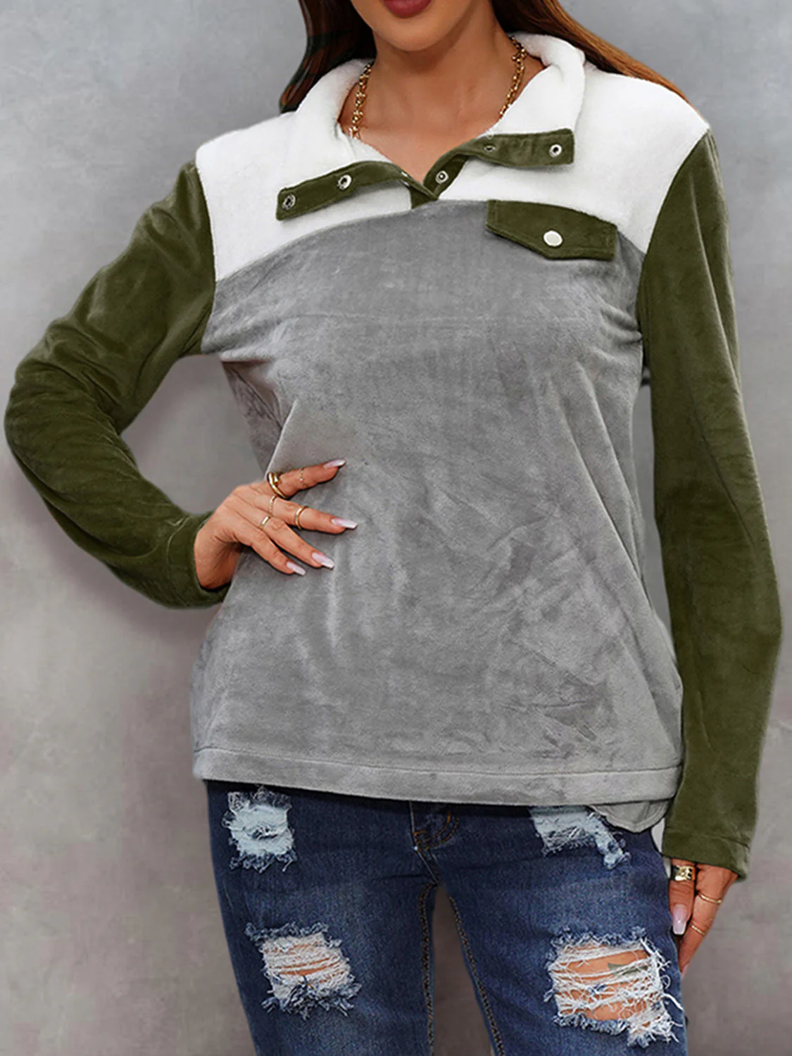 Shiny Color Block Collared Sweatshirt with Pockets - Image 6
