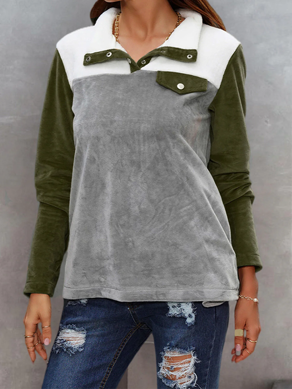 Shiny Color Block Collared Sweatshirt with Pockets - Image 7