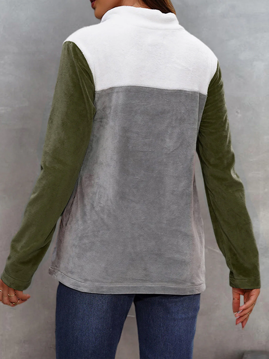 Shiny Color Block Collared Sweatshirt with Pockets - Image 8