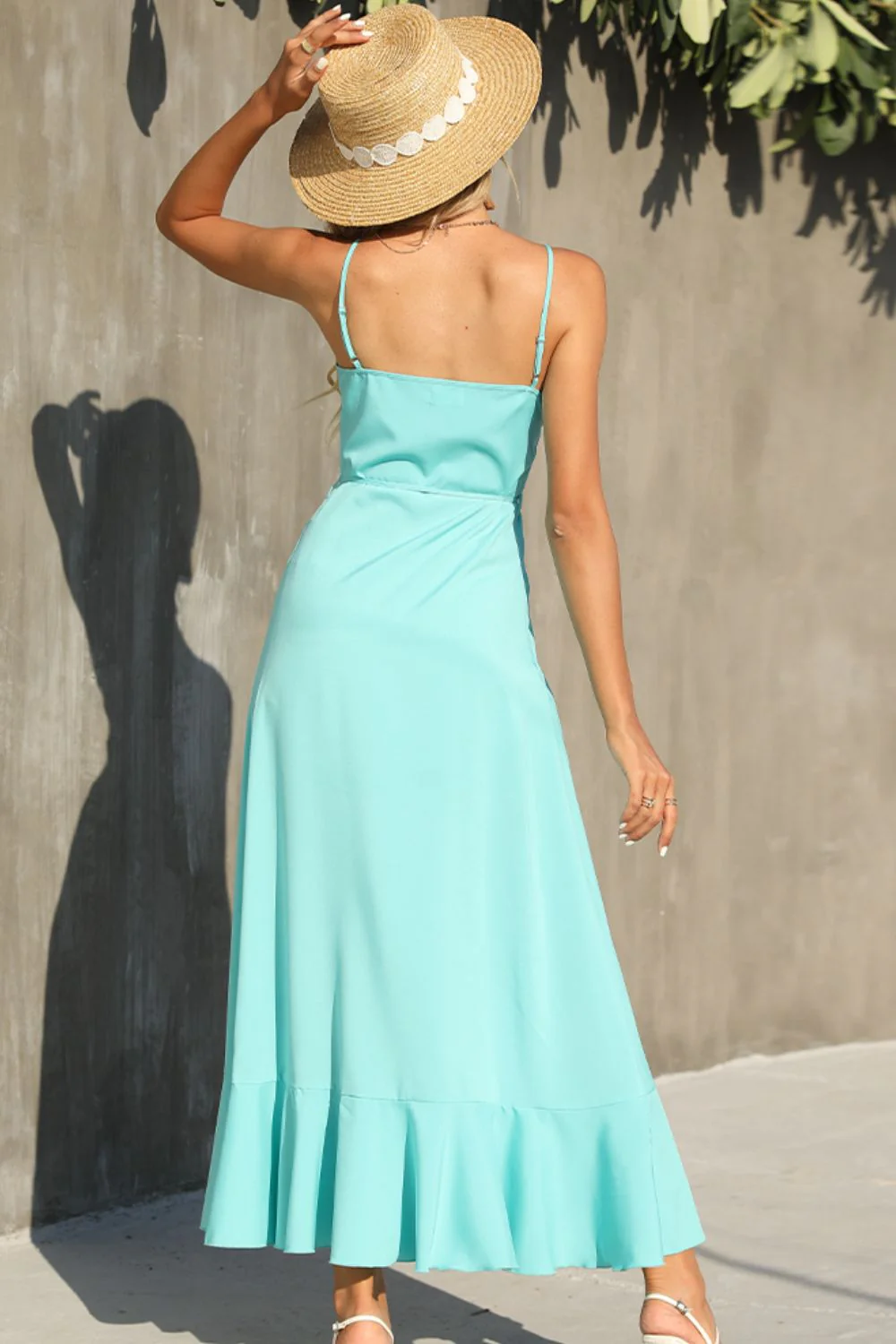 Shiny Decorative Button Spaghetti Strap Ruffle Hem Dress - Image 2
