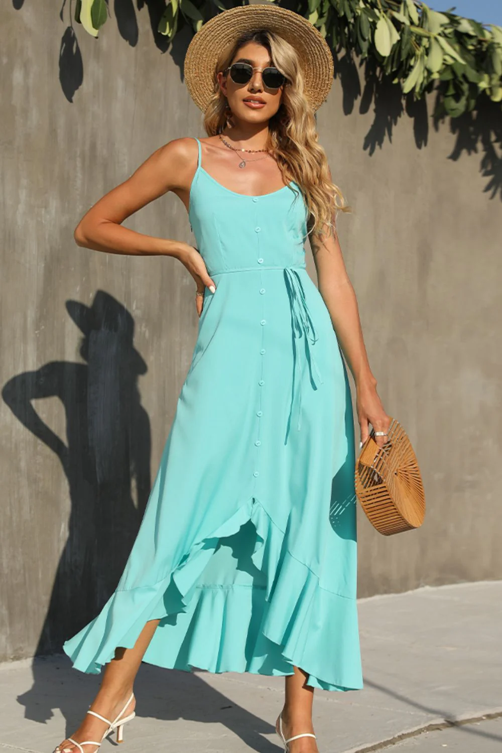Shiny Decorative Button Spaghetti Strap Ruffle Hem Dress - Image 3