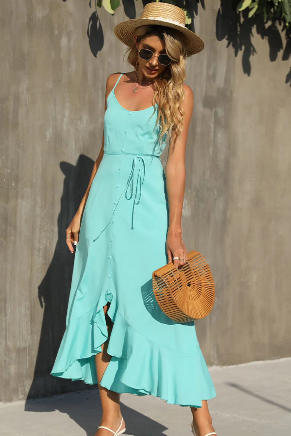 Shiny Decorative Button Spaghetti Strap Ruffle Hem Dress - Image 4