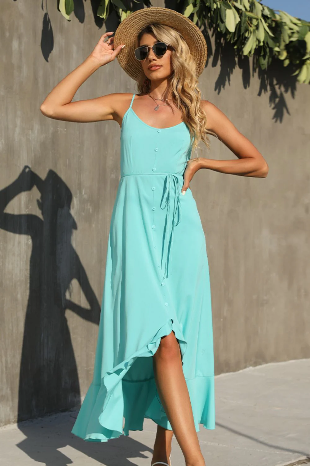 Shiny Decorative Button Spaghetti Strap Ruffle Hem Dress - Image 5