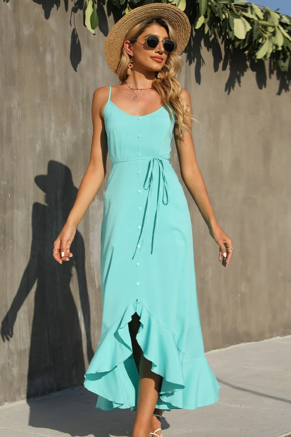 Shiny Decorative Button Spaghetti Strap Ruffle Hem Dress - Image 6