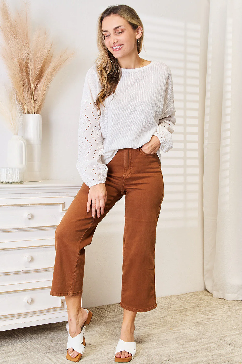Shiny Eyelet Dropped Shoulder Round Neck Blouse - Image 5