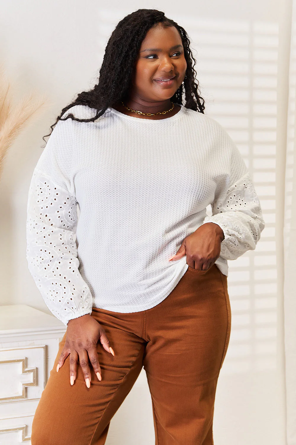 Shiny Eyelet Dropped Shoulder Round Neck Blouse - Image 6
