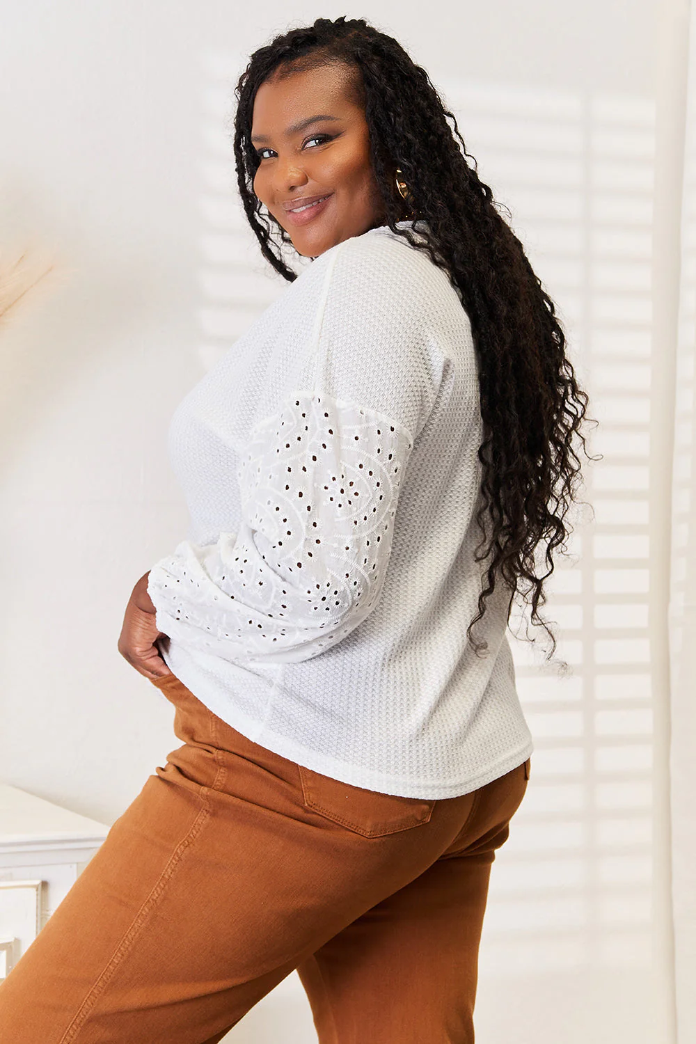 Shiny Eyelet Dropped Shoulder Round Neck Blouse - Image 7
