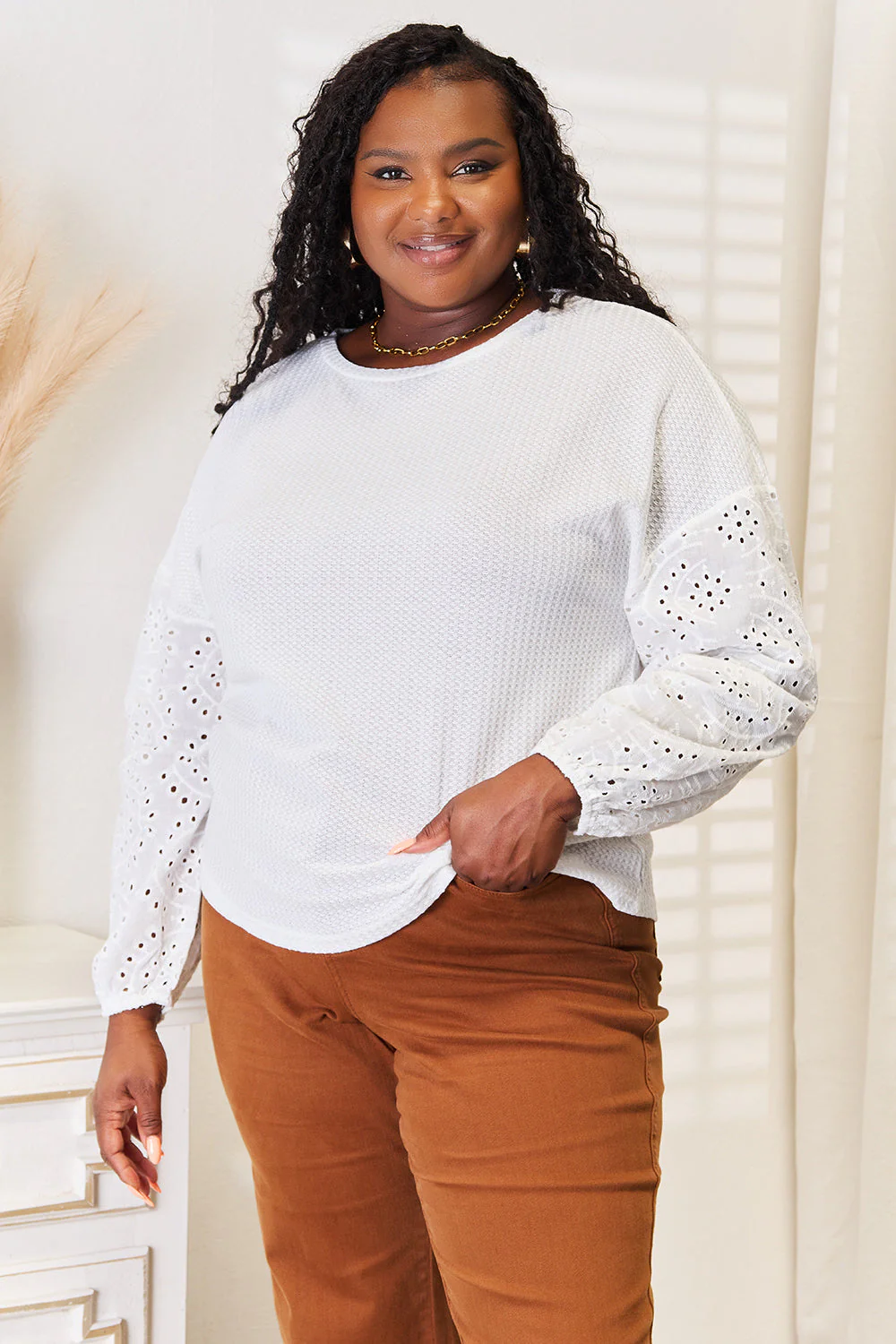 Shiny Eyelet Dropped Shoulder Round Neck Blouse - Image 8