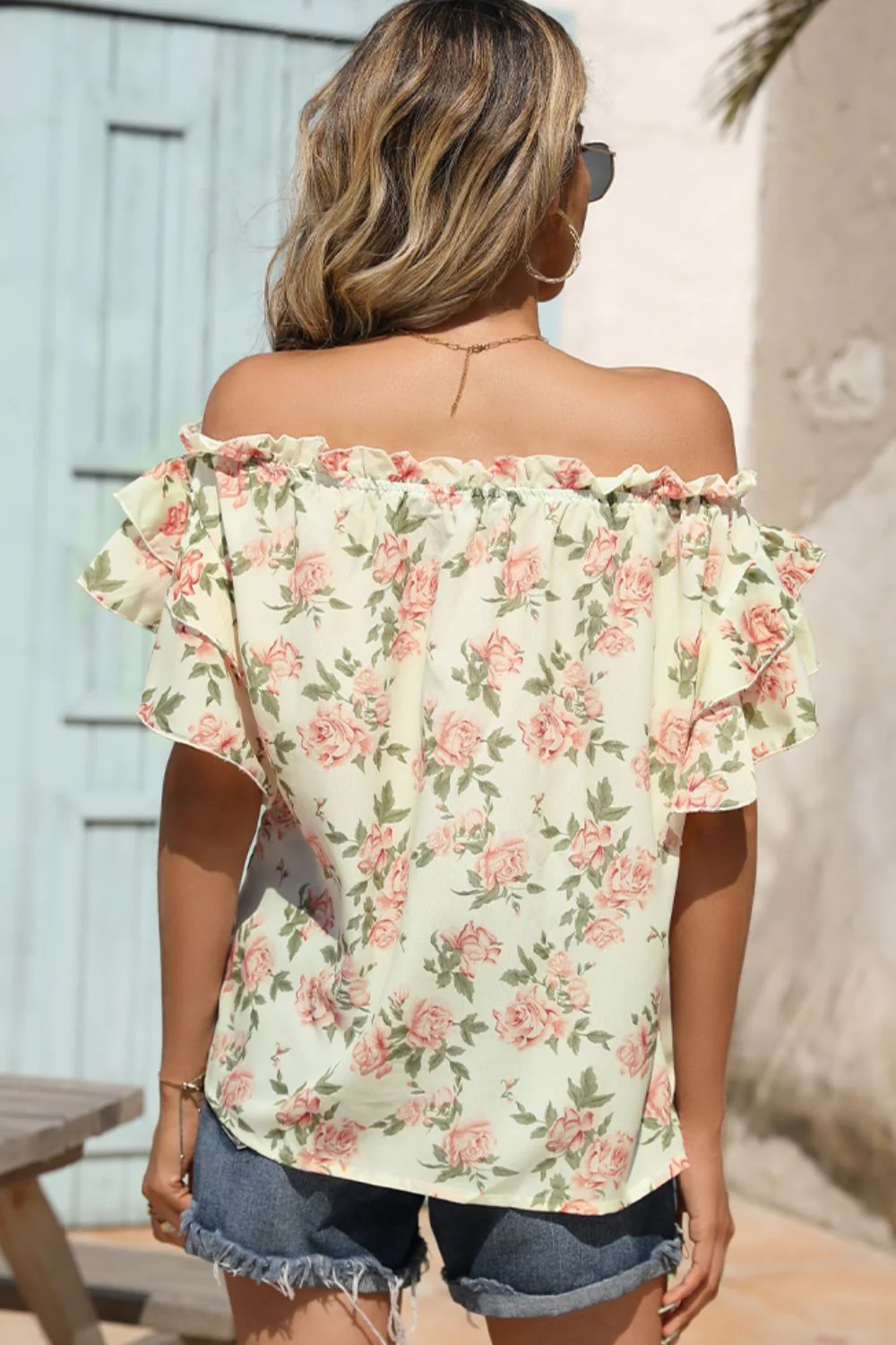 Shiny Floral Frill Trim Off-Shoulder Blouse - Image 2