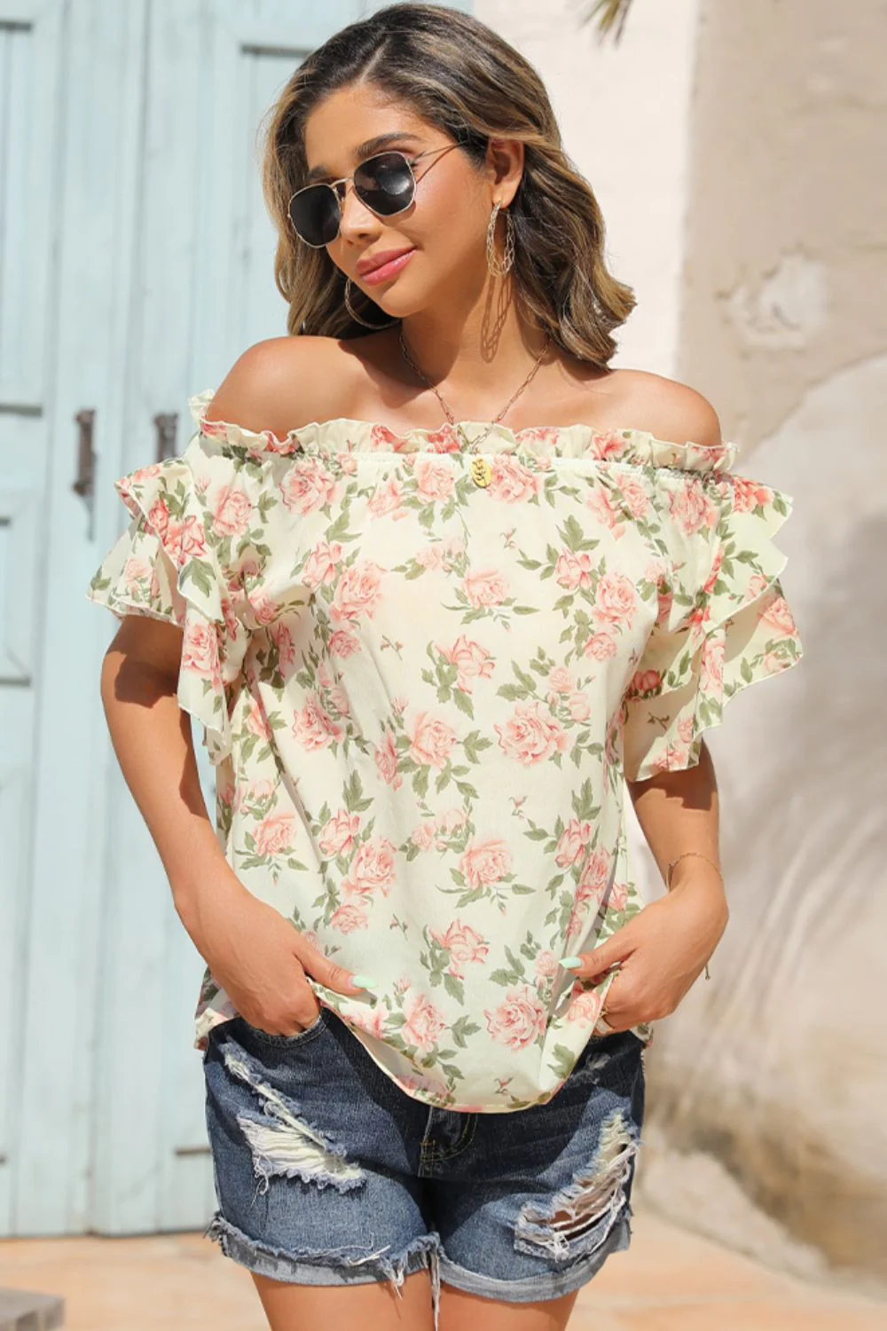 Shiny Floral Frill Trim Off-Shoulder Blouse - Image 3