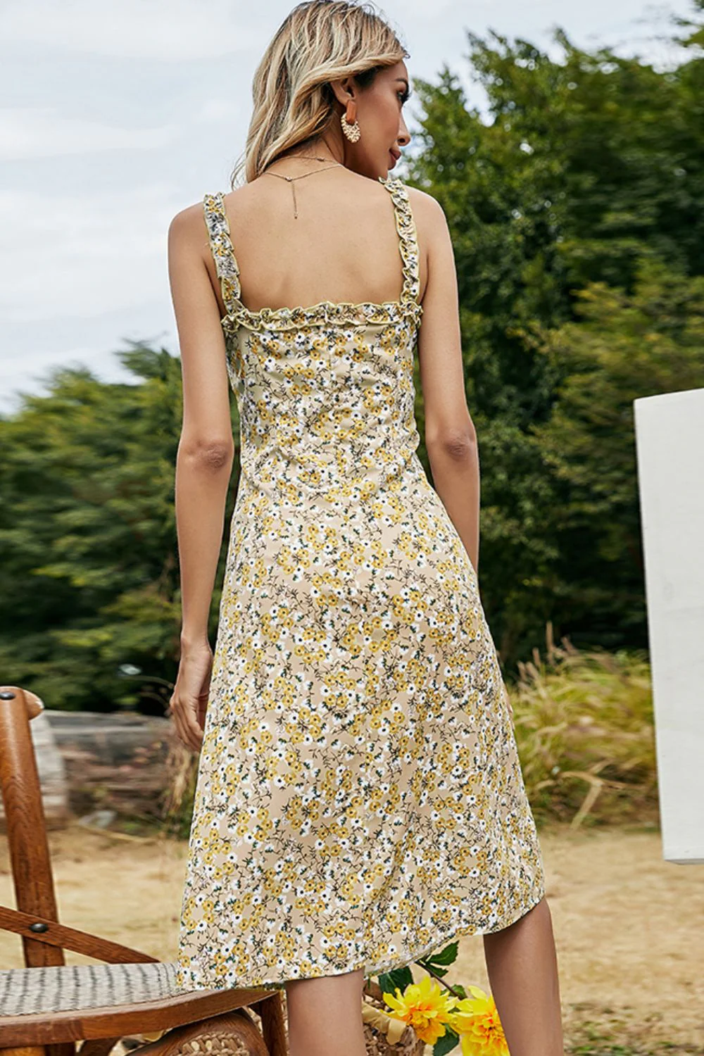 Shiny Floral Frill Trim Sleeveless Dress - Image 2
