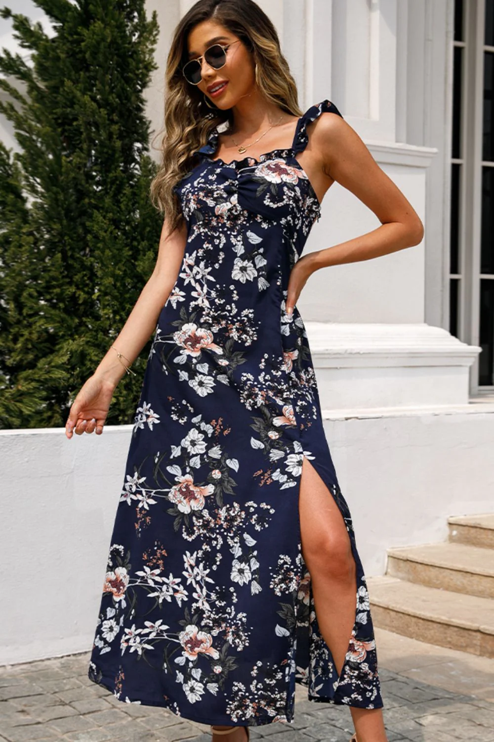 Shiny Floral Print Sleeveless Square Neck Slit Midi Dress - Image 3