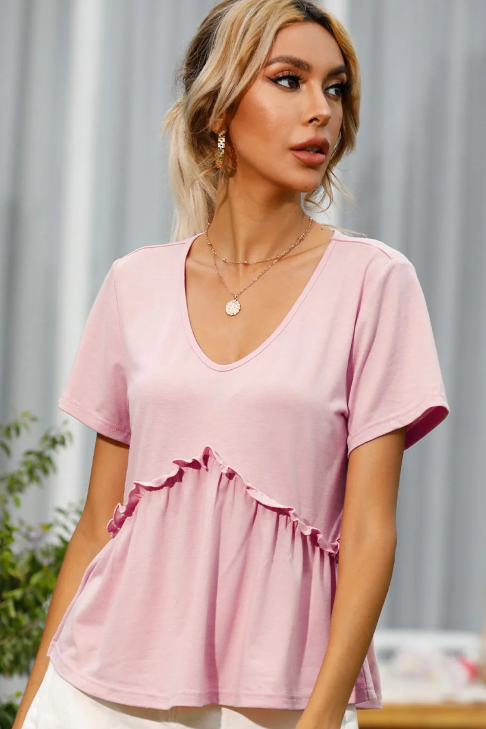 Shiny Frill Trim Short Sleeve Tee - Image 2