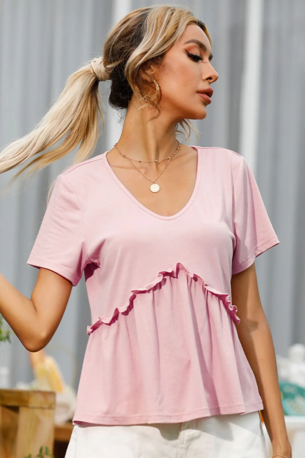 Shiny Frill Trim Short Sleeve Tee - Image 3