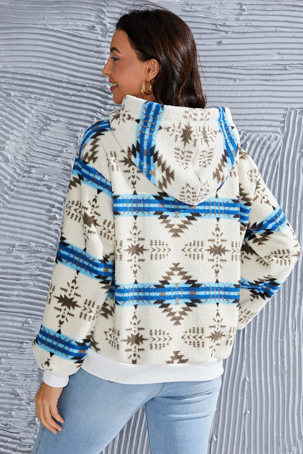 Shiny Geometric Half Zip Drawstring Long Sleeve Hoodie - Image 2