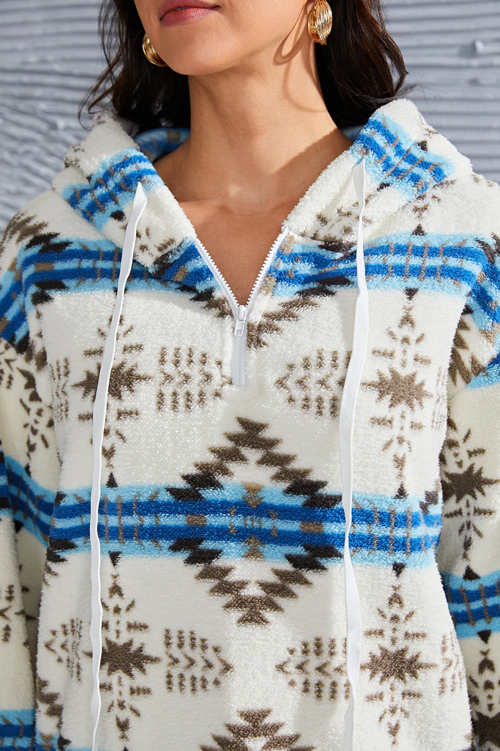 Shiny Geometric Half Zip Drawstring Long Sleeve Hoodie - Image 3