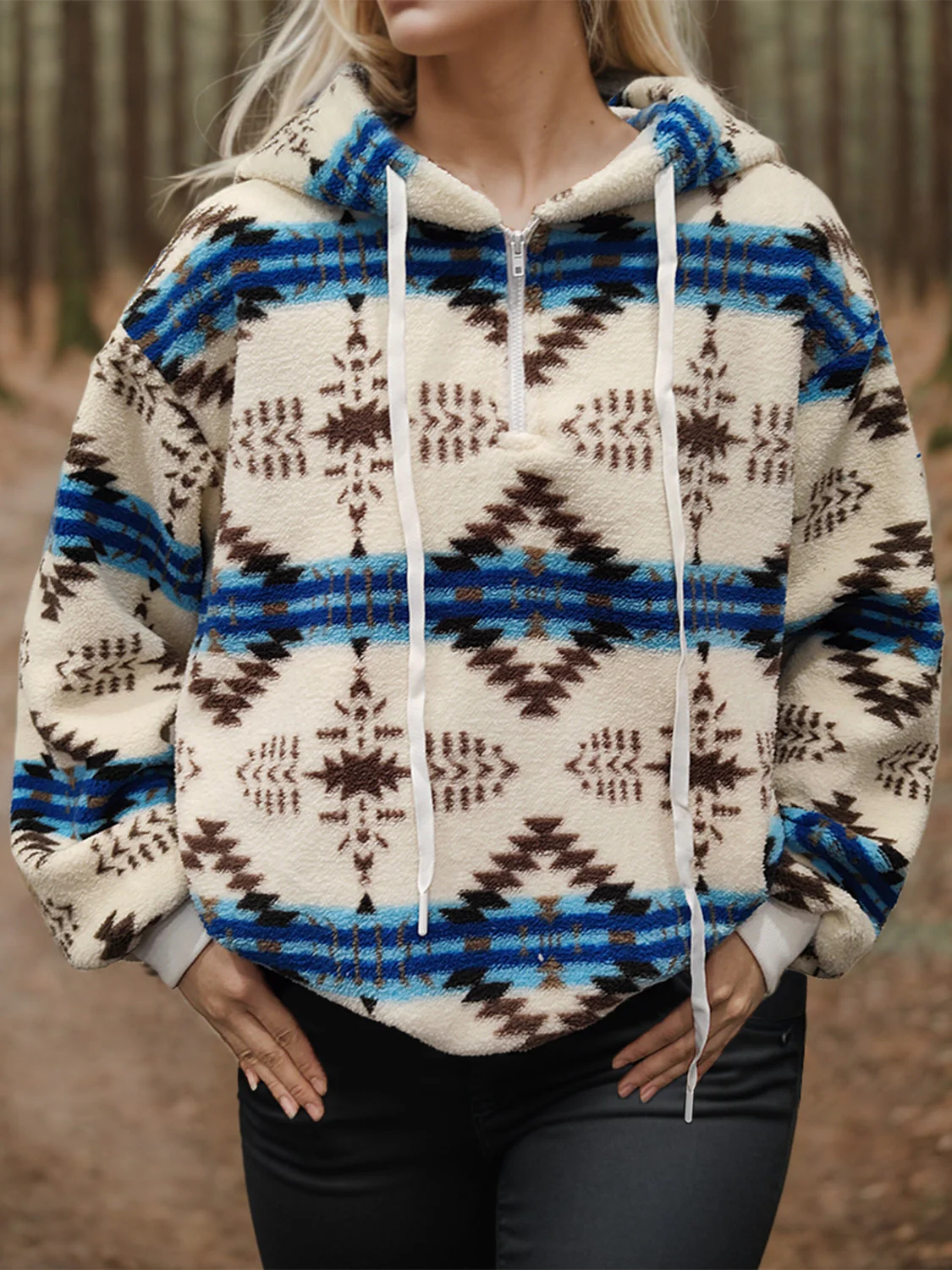 Shiny Geometric Half Zip Drawstring Long Sleeve Hoodie - Image 7