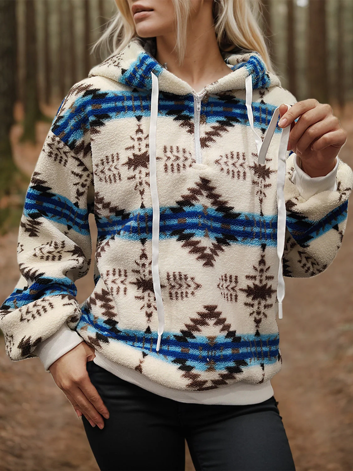 Shiny Geometric Half Zip Drawstring Long Sleeve Hoodie - Image 8