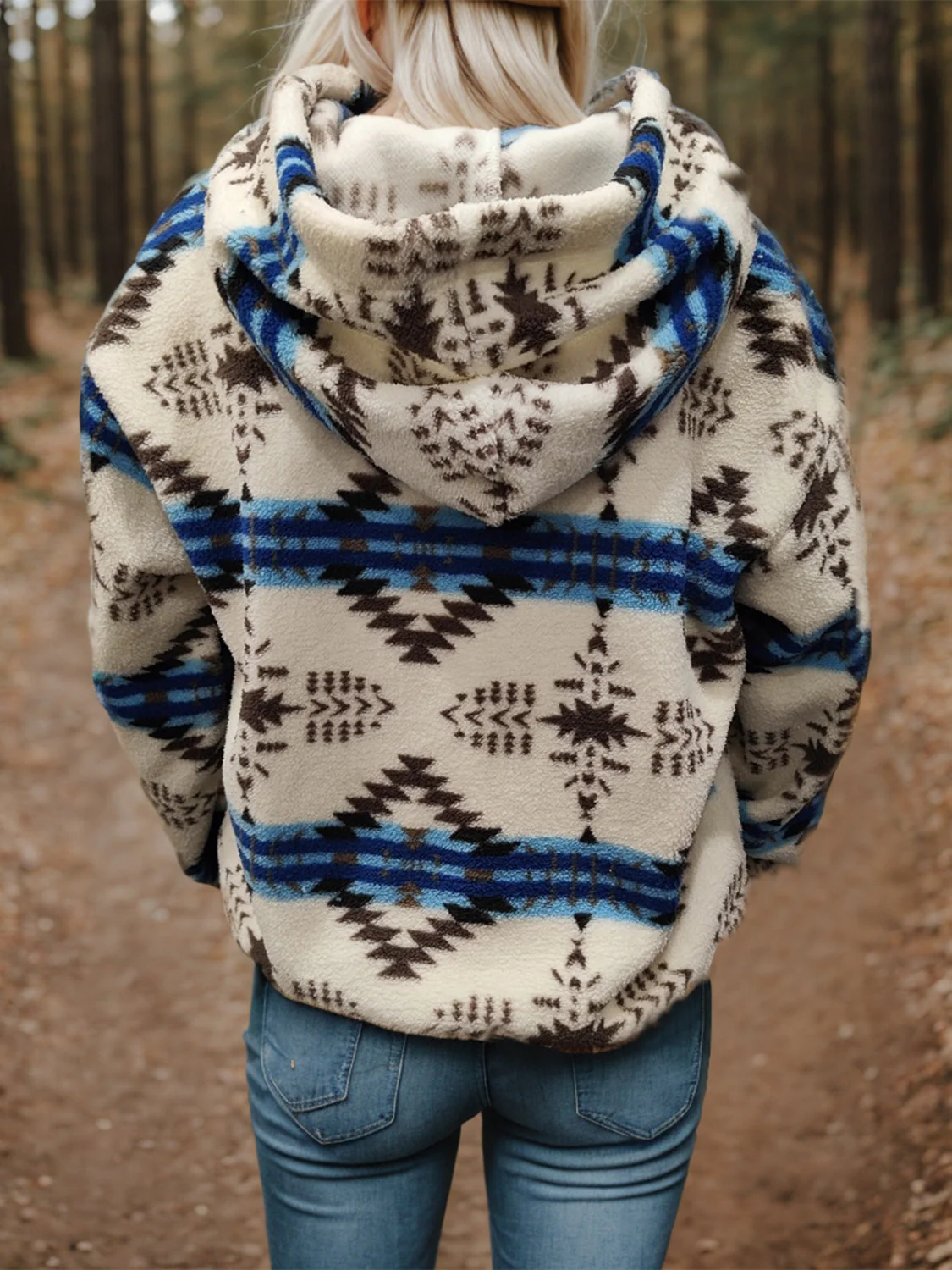 Shiny Geometric Half Zip Drawstring Long Sleeve Hoodie - Image 9