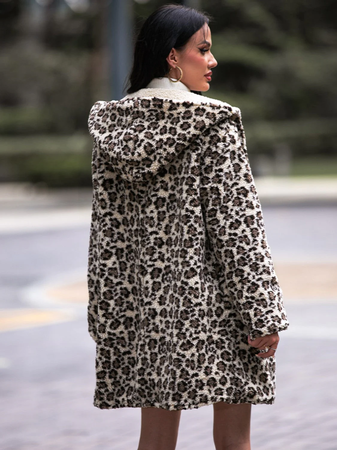 Shiny Leopard Hooded Coat with Pockets - Image 2