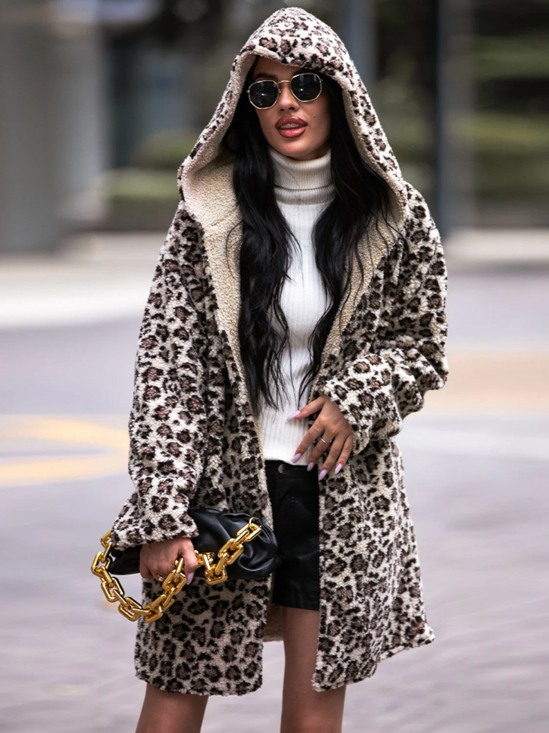 Shiny Leopard Hooded Coat with Pockets - Image 3