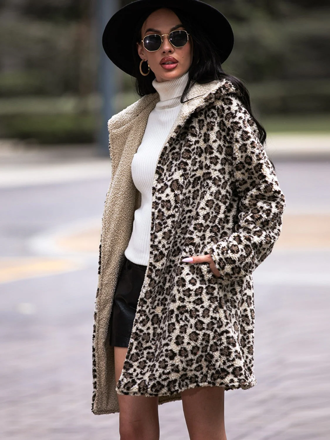 Shiny Leopard Hooded Coat with Pockets - Image 4