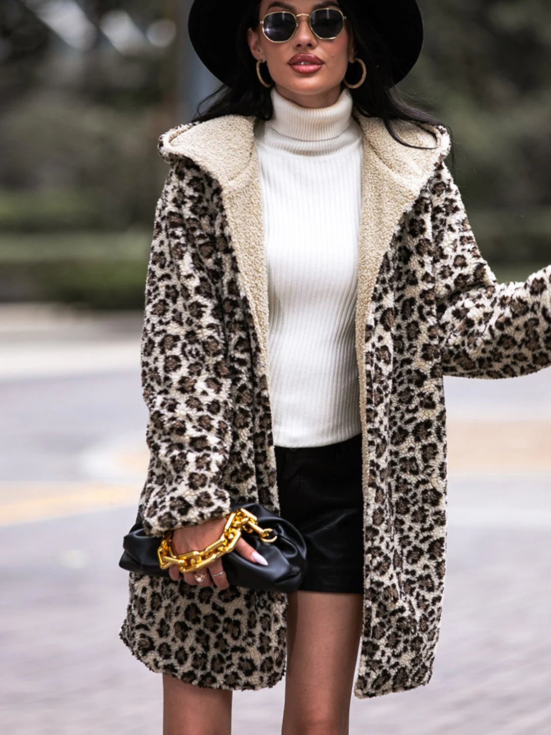 Shiny Leopard Hooded Coat with Pockets - Image 5
