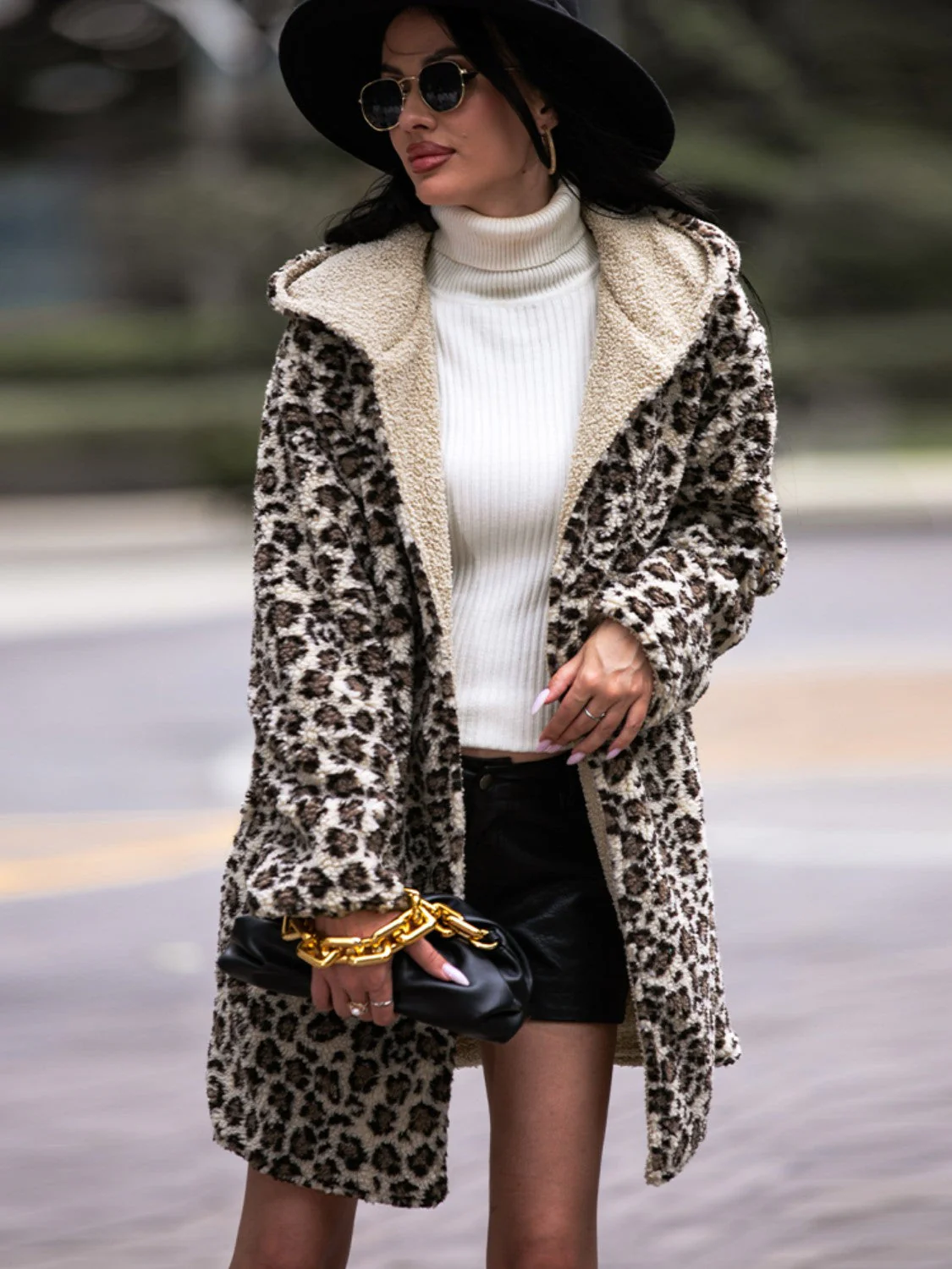 Shiny Leopard Hooded Coat with Pockets - Image 6