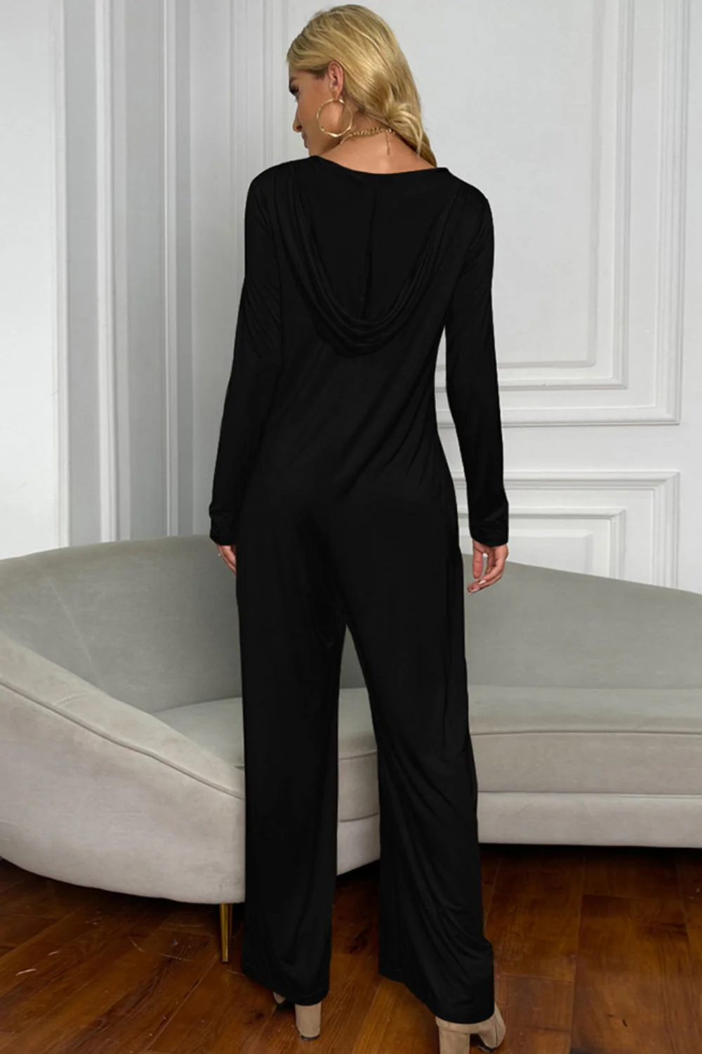 Shiny Long Sleeve V-Neck Jumpsuit with Pockets - Image 2