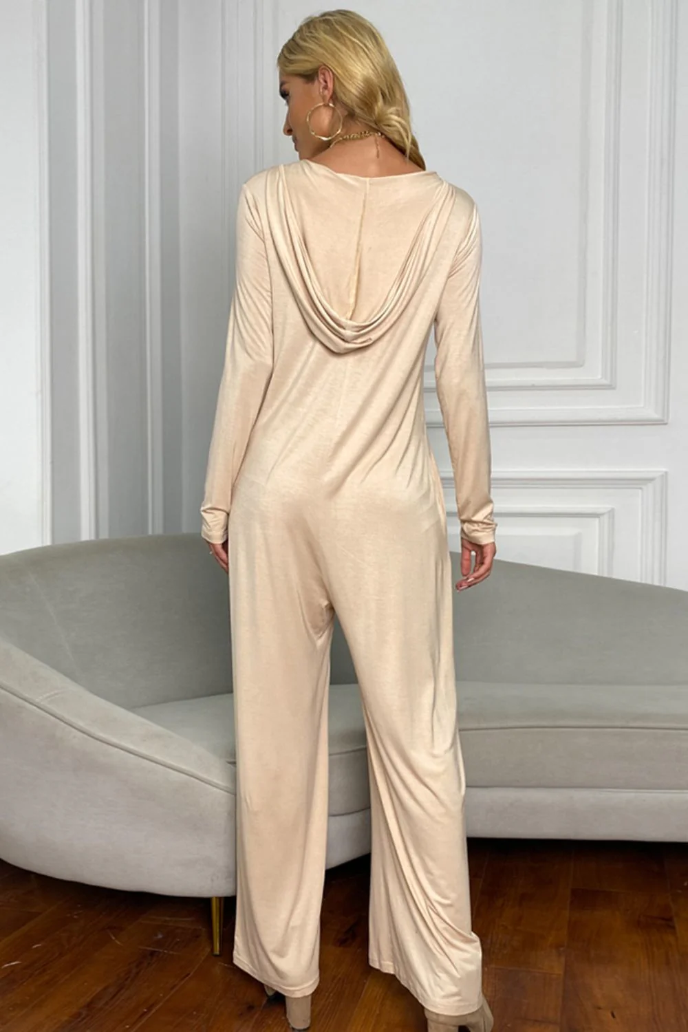 Shiny Long Sleeve V-Neck Jumpsuit with Pockets - Image 6