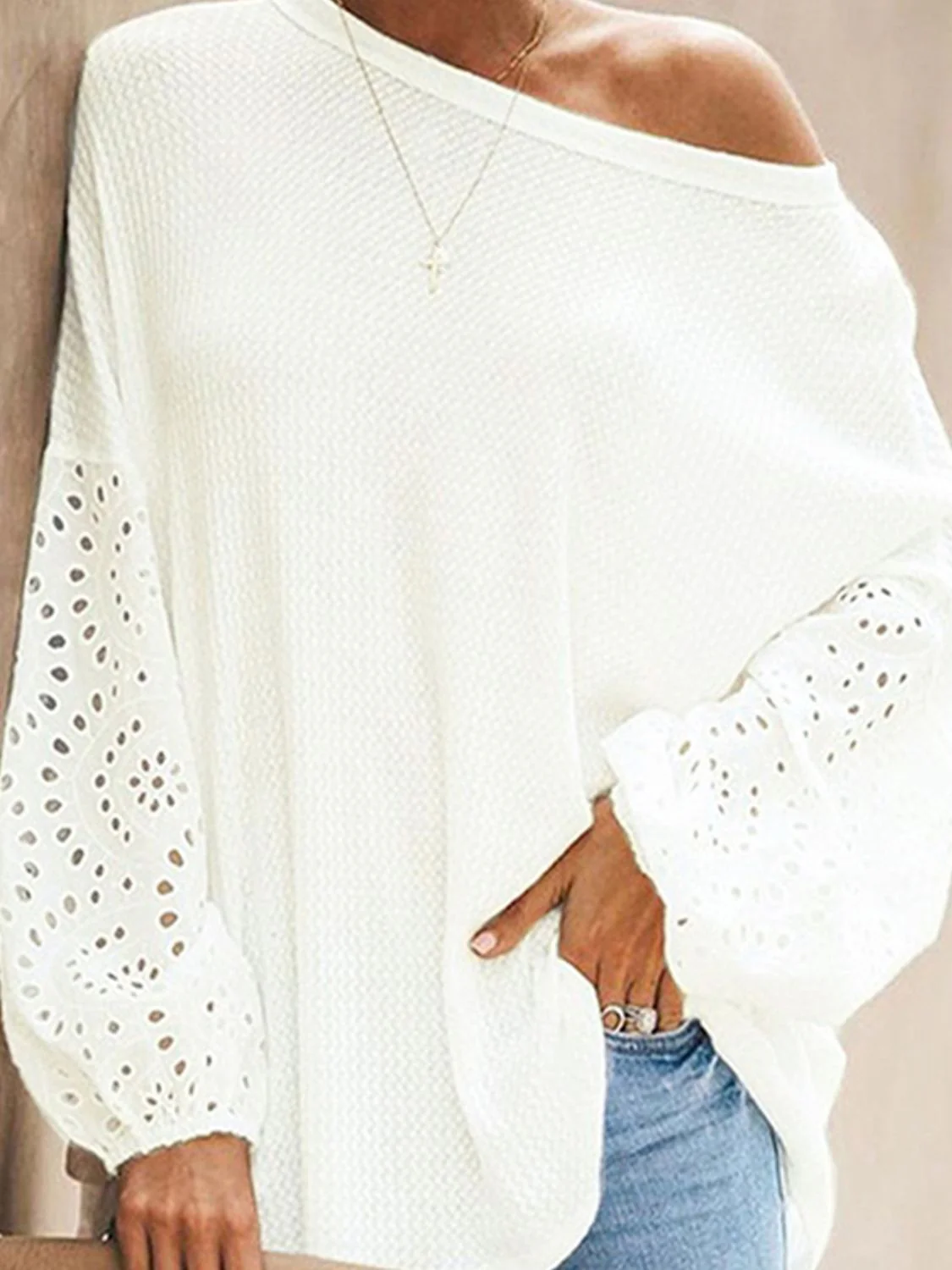 Shiny Openwork Dropped Shoulder Boat Neck Blouse - Image 2