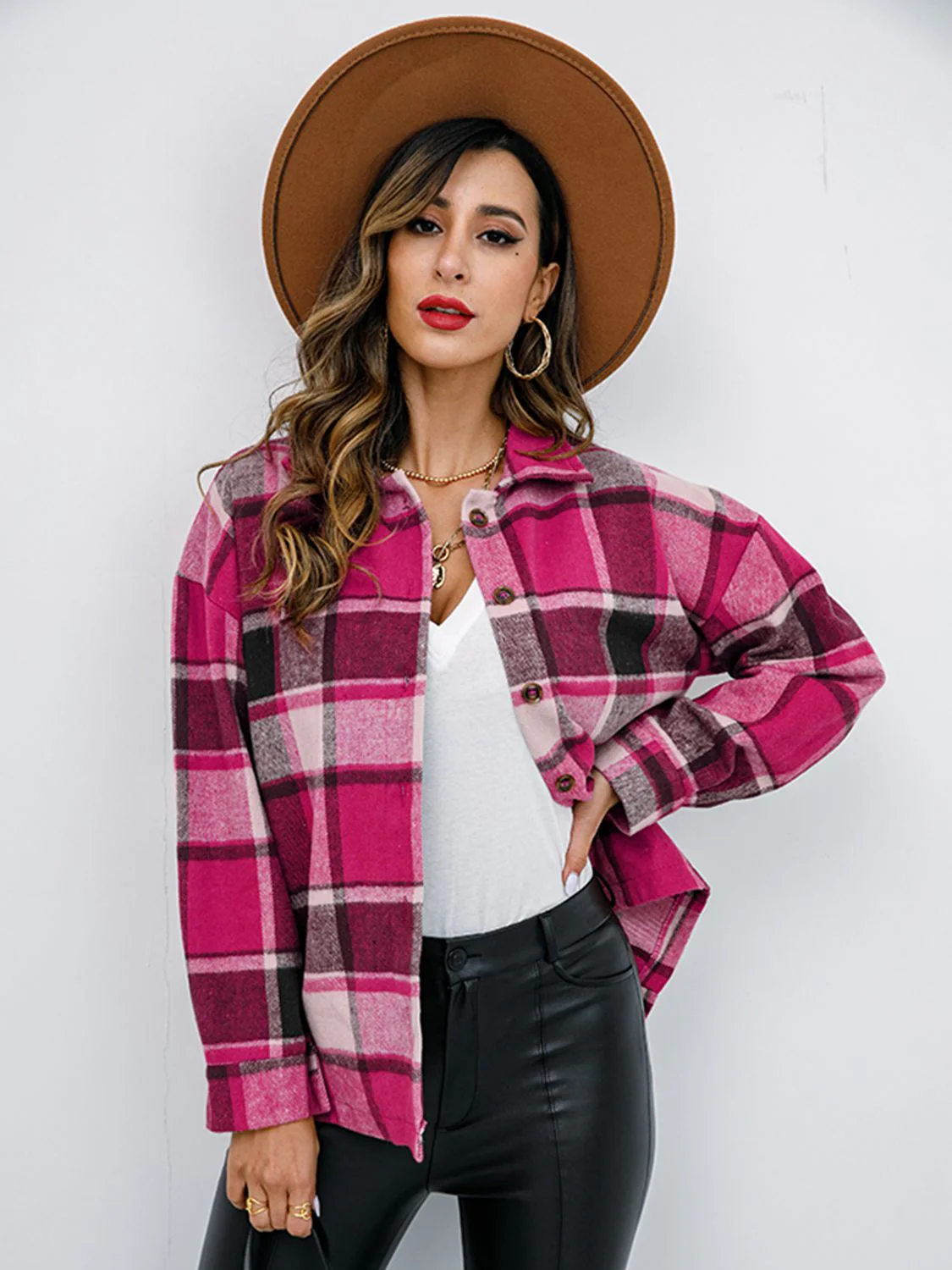 Shiny Plaid Button Up Collared Neck Jacket - Image 10